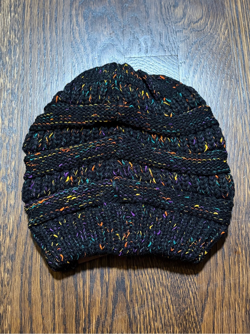 New Black Speckled Beanie Knit Hat Black and Rainbow